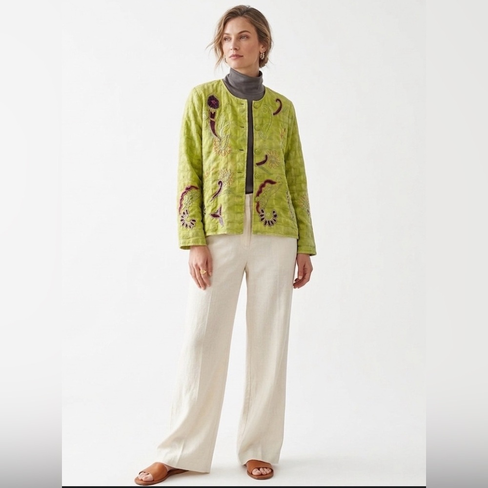 Mirasol Lime Green Floral Embroidered Cotton Jacket Art to Wear Size M JCLJ0001